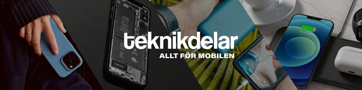 Teknikdelar – Allt för mobilen teknikdelar-banner med flera bilder av mobiltillbehör